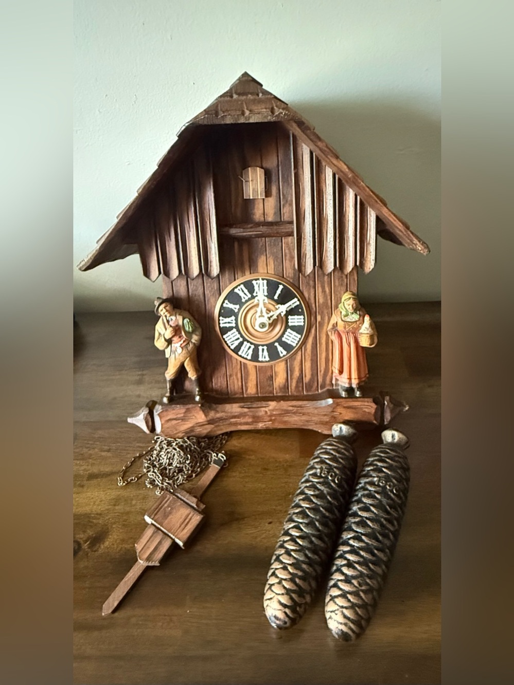 Black Forest GermanyWooden Mechanical Cuckoo Clock, Figurines, Pinecone Weights